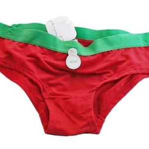 PANTIES, LADIES MEDIUM, RED WITH GREEN TRIM, 10% SPANDEX, BIKINI, WORDS "NAUGHTY